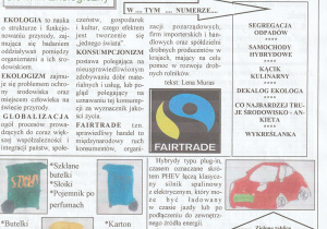 Zdjęcie tablicy znajdującej się przy sali nr 2, na której znajdują się Gazeta jednodniówka oraz teksty o tematyce ekologicznej
