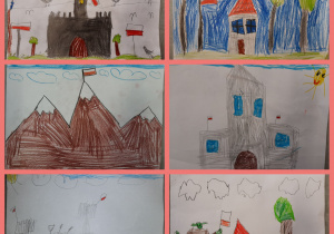 Rysunki uczniów przedstawiające domy, zamki i góry. Na budynkach oraz wśród przyrody możemy zobaczyć powiewające biało-czerwone flagi.