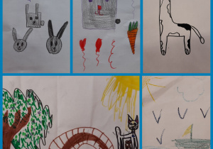 Rysunki uczniów wykonane wg własnego pomysłu. Króliczki, żyrafa, kotek przechodzący przez most. Pływająca łódka.