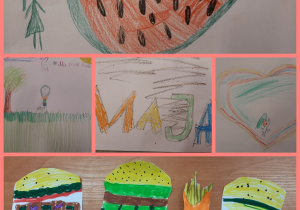 Rysunki uczniów wykonane wg własnego pomysłu. Rysunek z napisem „MAJA”. Rysunki hamburgerów, frytek i arbuza. Rysunek z serduszkiem i z dziewczynkami.