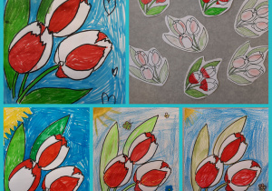 Rysunki uczniów przedstawiające tulipany. Kwiaty są pokolorowane w barwach białych i czerwonych.