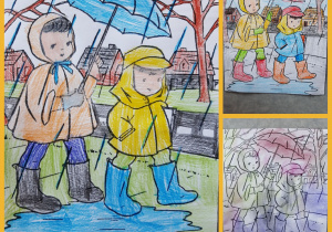 Kolaż zdjęć przedstawiający kolorowanki z wizerunkiem dzieci idących z parasolką. W oddali widać domy i padające krople deszczu.