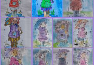 Kolaż zdjęć przedstawiający kolorowanki z wizerunkiem dziewczynki z parasolką. Postać ta ma płaszcz przeciwdeszczowy i kalosze, we włosach dziewczynka ma kokardkę.
