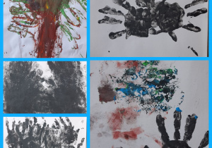 Kolaż zdjęć przedstawiający prace wykonane farbami plakatowymi. Możemy zobaczyć odbite dłonie tworzące różnorodne kształty przypominające m.in.: pająka, czy drzewo.