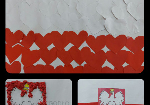 Flaga Polski to praca grupowa. Wykonana została z białych i czerwonych serduszek wyciętych z papieru kolorowego.