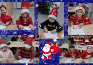 Zdjęcie przedstawia kolaż zdjęć uczniów klasy Ic podczas wykonywania świątecznej koperty.