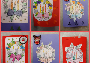 Kolaż zdjęć przedstawiający kartki świąteczne wykonane przez uczniów. Na tle czerwonym i fioletowym znajdują się kolorowe stroiki i świeczki. Prace zostały wykonane w grupie I przez klasy 1 i 2.