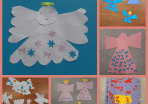 Kolaż zdjęć przedstawiający aniołki wycięte z kolorowego papieru. Ubranka aniołków są ozdobione kokardkami i gwiazdkami. Prace zostały wykonane w grupie I przez klasy 1 i 2.