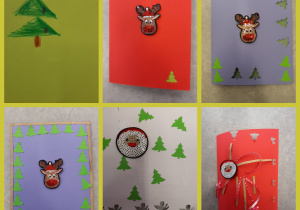 Kolaż zdjęć przedstawiający kartki świąteczne wykonane przez uczniów. Na tle zielonym, czerwonym, fioletowym i białym znajdują się choinki, renifery i Św. Mikołaj. Prace zostały wykonane w grupie I przez klasy 1 i 2.