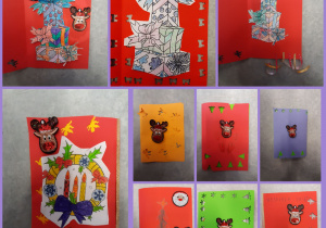 Kolaż zdjęć przedstawiający kartki świąteczne wykonane przez uczniów. Na tle czerwonym, zielonym, fioletowym i pomarańczowym znajdują się kolorowe prezenty, choinki i renifery. Prace zostały wykonane w grupie I przez klasy 1 i 2.