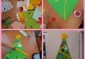Kolaż zdjęć przedstawiający kartki świąteczne wykonane przez uczniów. Na tle czerwonym, zielonym, fioletowym i pomarańczowym znajdują się kolorowe prezenty, choinki i renifery. Prace zostały wykonane w grupie I przez klasy 1 i 2.