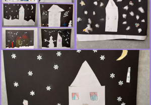 Kolaż zdjęć przedstawiający śnieżne obrazki. Na szarym tle przedstawiono domy, Kościół, zamek, bałwanki i śnieżynki. Prace zostały wykonane w grupie I przez klasy 1 i 2.