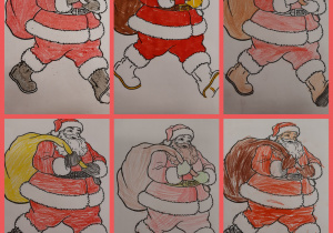 Kolorowanki z wizerunkiem Św. Mikołaja, trzymającego worek z prezentami. Prace zostały wykonane w grupie I przez klasy 1 i 2.