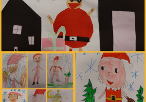 Kolaż zdjęć przedstawiający prace uczniów z wizerunkiem Św. Mikołaja. Są to rysunki i wycinanki własnego pomysłu. Prace zostały wykonane w grupie I przez klasy 1 i 2.
