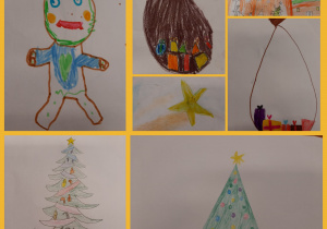 Kolaż zdjęć przedstawiający świąteczne obrazki. Rysunki uczniów przedstawiają choinki, prezenty, gwiazdki oraz dużego ludzika z piernika. Prace zostały wykonane w grupie I przez klasy 1 i 2.