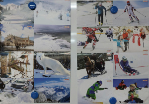 Kolaż zdjęć przedstawiający zimowe sporty i krajobrazy.