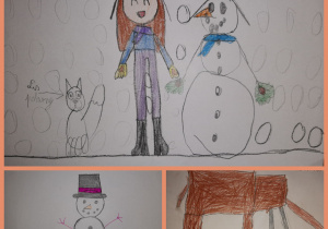 Rysunki uczniów o tematyce zimowej. Bałwanki, kotek i mamut. Prace wykonane w gr. I przez uczniów kl. I i II.