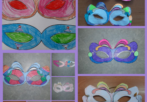 Maski karnawałowe pokolorowane i wycięte z papieru. Prace wykonane w gr. I przez uczniów kl. I i II.