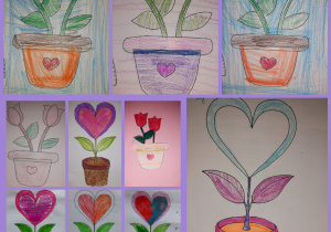 Kolorowanki przedstawiające doniczki z kwiatami i sercami. Prace wykonane w gr. I przez uczniów kl. I i II.