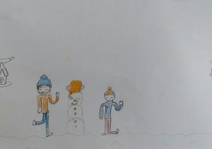 Jedna z prac plastycznych ilustrująca bezpieczną zabawę w czasie ferii zimowych.