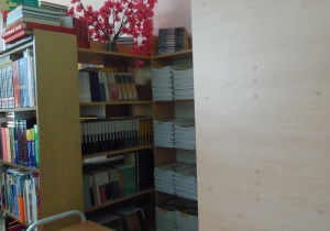 Zdjęcie przedstawia fragmenty nowych regałów bibliotecznych wypełnionych książkami. Meble zakupiono w ramach NPRC 2.0 na lata 2021-2025. Zdjęcie przedstawia fragmenty wypełnionych kart bibliotecznych. Fotografię wykonano przy udostępnianiu wybranych tytułów zakupionych w ramach NPRC 2.0 na lata 2021-2025.