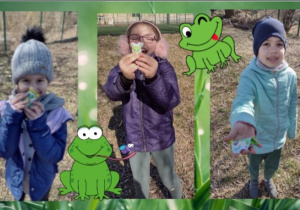 Przedstawia uczniów podczas wiosennego spaceru oraz zabawy "Poszukiwanie żabek". Uczennice trzymają w rękach znalezione w trawie papierowe żabki.