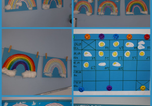 Rysunki tęczy i chmurki wykonane z waty. Kalendarz obserwacji pogody. Prace wykonane w gr. I przez uczniów klas I i II.