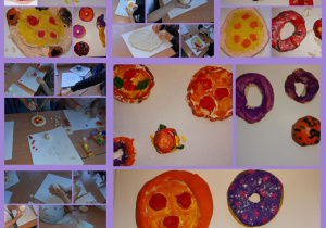 Pizza, pączki, babeczki wykonane z masy solnej. Prace inspirowane tematem o pochodzeniu różnych przedmiotów. Prace wykonane w gr. I przez uczniów klas I i II.