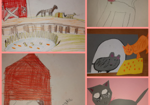 Rysunki wiejskiej zagrody, koty i myszka. Prace wykonane w gr. I przez uczniów klas I i II.
