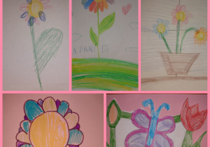 Wiosenne rysunki kwiatów utrzymane w kolorystyce różu. Prace wykonane w gr. I przez uczniów klas I i II.