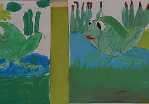 Praca plastyczna „Żaba na mokradłach” malowana farbami plakatowymi.