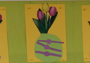 „Tulipany w wazonie” praca techniczna przedstawiająca martwą naturę wiosną.