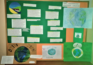 Prace plastyczne dotyczące Dnia Ziemi i informacje o formach ochrony przyrody na terenie Parku Krajobrazowego Wzniesień Łódzkich, wykonane przez uczniów klasy 7a.