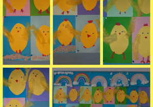 Tablica korkowa z pracami uczniów. Tęcza i kurczaczki na kolorowym tle. Kurczaki mają przyklejone prawdziwe piórka. Prace wykonane w gr. I przez uczniów kl. I i II.