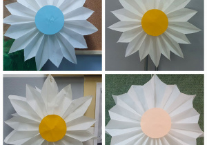 Kwiaty w formie 3D wykonane z papieru śniadaniowego. Białe kwiaty złożone w harmonijkę. Prace wykonane w grupie IV przez kl. III.