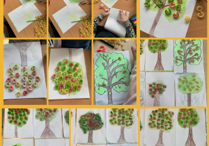 Wiosenne drzewa wykonane z makaronu. Drzewa rysowane na kartonie. Makaron malowany farbami. Prace wykonane w grupie III przez kl. I.