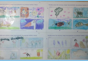 Zdjęcie przedstawia indeksy uczniów, w których zamieszczone są rysunki z poszczególnych lekcji.