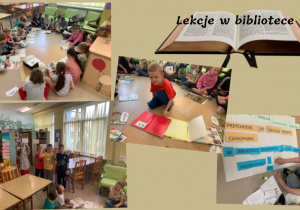 Kolaż zdjęć przedstawiający uczniów podczas zajęć w bibliotece. Dzieci siedzą na podłodze, mają otwarte podręczniki, układają zdania z pociętych wyrazów.