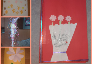 Laurki dla mamy. Bukiet z kolorowymi tasiemkami, prace ozdobione papierowymi kwiatami. Prace wykonane w gr. I przez uczniów kl. I i II.