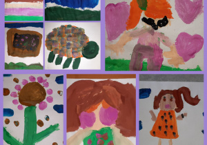 Malowanie farbami z okazji Dnia Mamy. Kwiaty, wizerunek mamy, żółw, samolot. Prace wykonane w gr. I przez uczniów kl. I i II.