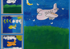 Prace uczniów. Wycięty rysunek samolotu przyklejony na niebieskim tle. Prace wykonane w gr. I przez uczniów kl. I i II.