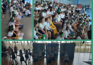 Uroczystość zakończenia roku szkolnego 2021/2022. Kolaż zdjęć przedstawiający występ taneczny oraz publiczność na trybunach. Uczniowie ubrani są w stroje galowe.