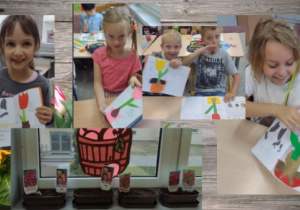 Uczniowie trzymają w rękach pracę, którą wykonali podczas lekcji. Dzieci wycięły z kolorowego papieru części tulipana, które wkleiły do zeszytu, tworząc pięknego kwiatka. Następnie podpisały elementy jego budowy.