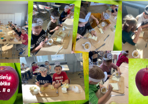Kolaż zdjęć przedstawiający uczniów kl. IIa podczas zajęć kulinarnych w pracowni "Laboratoria Przyszłości". Dzieci na deseczkach kroją jabłka.