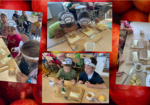 Kolaż zdjęć przedstawiający uczniów podczas przygotowywania ciasteczek z jabłkami- kroją, mieszają, ugniatają ciasto.