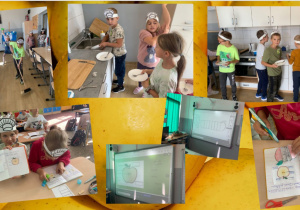 Kolaż zdjęć podczas czynności porządkowych w sali- uczniowie zamiatają podłogę oraz zmywają naczynia. Dzieci wykonują prace w zeszycie, wykorzystując informacje widoczne na tablicy multimedialnej.