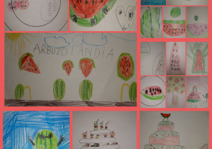 Kolaż prac zainspirowanych piosenką „Arbuz”. Dzieci narysowały arbuzy w postaci ludzików, plantację arbuzów z napisem „ARBUZOLANDIA”, Stroje inspirowane kolorystyką arbuzową, torty i babeczki arbuzowe. Prace wykonane w gr. I.