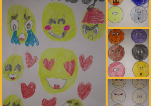 Kolorowe buźki przedstawiające różne emocje ludzkie. Prace wykonane samodzielnie oraz kolorowanki. Prace wykonane w gr. I.