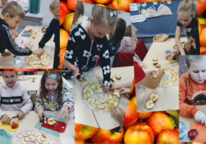 Uczniowie z klasy 2 c podczas przygotowywania chipsów jabłkowych. Dzieci kroją jabłka oraz układają je na tacach.