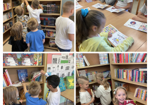 Uczniowie klas pierwszych oglądają książki podczas lekcji bibliotecznej.